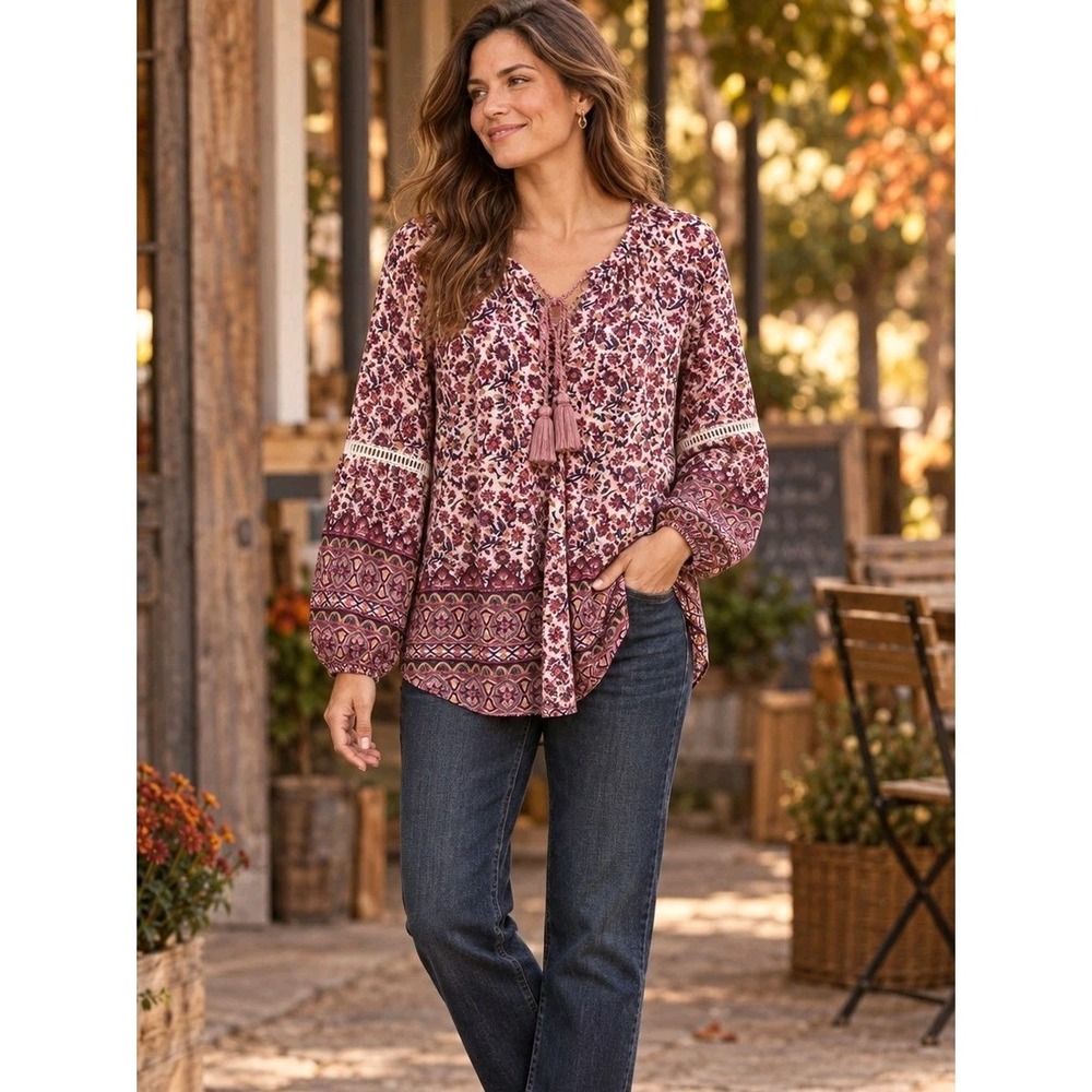 Lucky Brand Floral Paisley Peasant Blouse Tassel Tie Linen Blend Flowy Boho Fall